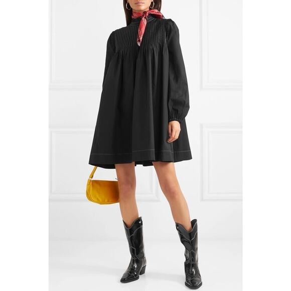 Ganni Women's Black Pintucked Cotton-Poplin Contrast Stitch Dress Size 36 Small - Picture 14 of 16
